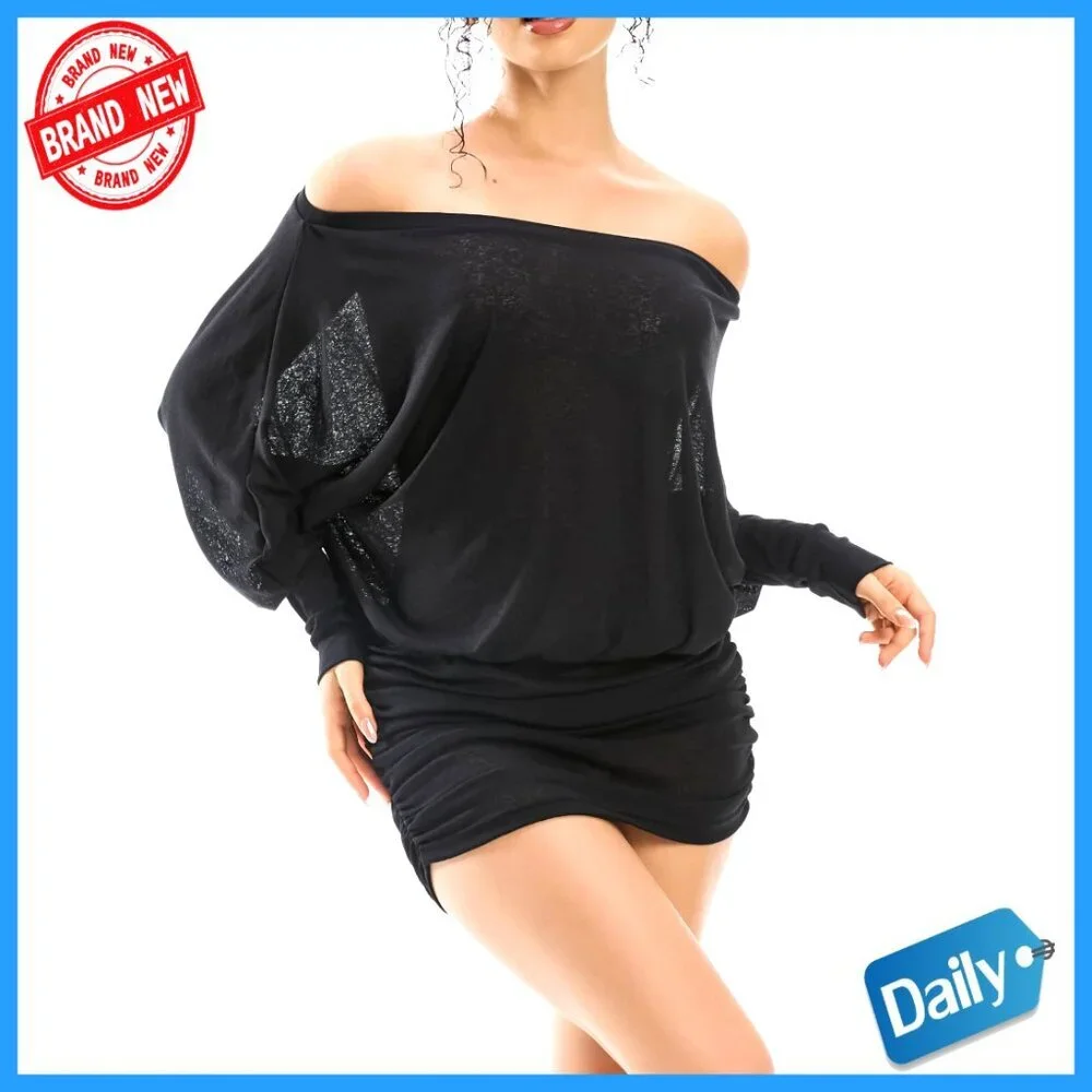 Long Sleeve Batwing Mini Dress Ruched Waist Sheer Oversized Casual Streetwear